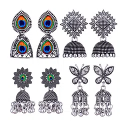 MEENAZ Set Of 4 Silver-Plated Oxidised Jhumkas-image-77