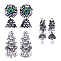 MEENAZ Set Of  Silver-Plated Peacock Shaped Jhumkas-9