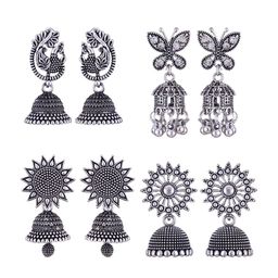 MEENAZ Set Of 4 Silver-Plated Peacock Shaped Jhumkas-18