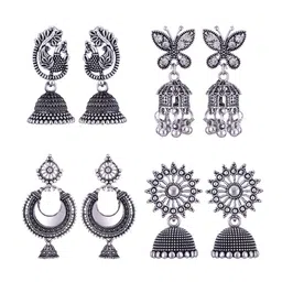 MEENAZ Set Of 4 Silver-Plated Dome Shaped Jhumkas-image-70