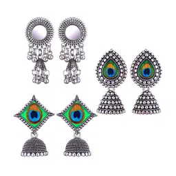 MEENAZ Set Of 3 Silver-Plated Oxidised Jhumkas-17