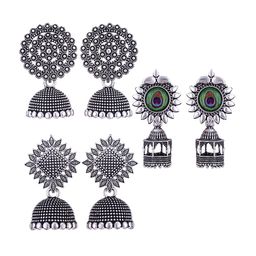 MEENAZ Set Of 3 Silver Plated Stone Studded & Beaded Oxidised Peacock Shaped Jhumkas-image-98