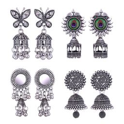 MEENAZ Set Of 4 Stainless Steel Silver Plated Artificial Stones and Beads Studded Earrings-24