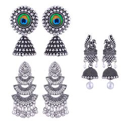 MEENAZ Set Of 3 Silver-Plated Stainless Steel Studded & Beaded Peacock Shaped Jhumkas-6