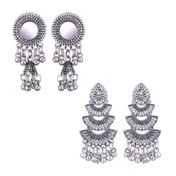 MEENAZ Set Of 2 Silver-Plated Dome Shaped Oxidised Jhumkas-picture-10