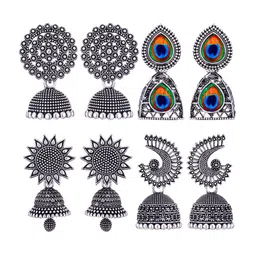 MEENAZ Set Of 4 Silver-Plated Oxidised Peacock Shaped Jhumkas-image-99