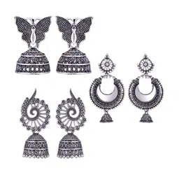 MEENAZ Set Of 3 Silver Plated Dome Shaped Jhumkas-image-46