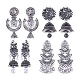 MEENAZ Set Of 4 Silver Plated Peacock Shaped Oxidised Jhumkas-2