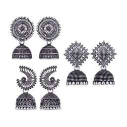 MEENAZ Set Of 3 Silver-Plated Dome Shaped Jhumkas-image-49
