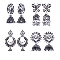 MEENAZ Set Of 4 Silver Plated Dome Shaped Jhumkas-image-67