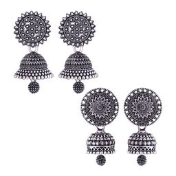 MEENAZ Set Of 2 Silver-Plated Oxidised Peacock Shaped Jhumkas-3