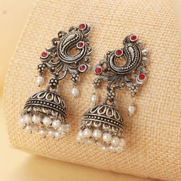 Jazz and Sizzle Silver-Plated Peacock Shaped Stone Studded & Beaded Jhumkas-27