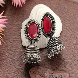 UNIVERSITY TRENDZ Silver-Plated Stone-Studded Dome Shaped Jhumkas-14