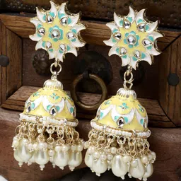 Kennice Gold Plated Dome Shaped Kundan Studded & Beaded Jhumkas-51