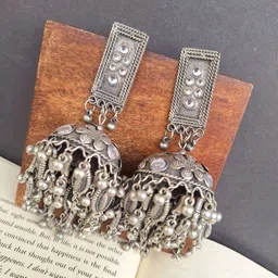 Crunchy Fashion Silver-Plated Kundan Studded Dome Shaped Oxidised Jhumkas-picture-7