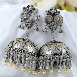 Crunchy Fashion Silver-Plated Dome Shaped Beads Jhumkas Earrings-image-90