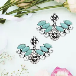 YouBella Blue Oxidised Silver-Plated Stone-Studded Jacket Earrings-12