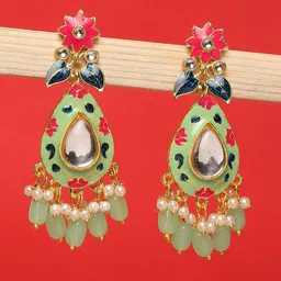 OOMPH Floral Meenakari Kundan Studded & Pearls Drop Earrings-18