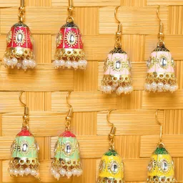OOMPH Women Gold Plated Red & Pink Dome Shaped Pack Of 4  Jhumkas Earrings-4
