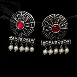 PANASH Silver-Toned & Plated Circular Oxidised Drop Earrings-1