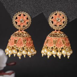 ADIVA Gold-Plated Stone-Studded & Pearls Dome-Shaped Jhumkas-18