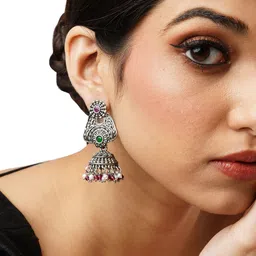 Anouk Silver-Toned Brass-Plated Stone-Studded & Beaded Floral Jhumkas-image-50