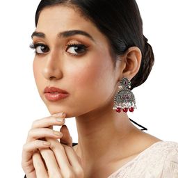 Anouk Red Brass-Plated Stone Studded & Beaded Floral Jhumkas-19