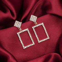aadita Rose Gold Plated Geometric Shaped AD Studded Drop Earrings-9