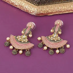 OOMPH Pink Gold-Plated Floral Kundan Drop Earrings-37