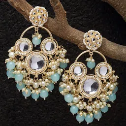 ZENEME Gold Plated Contemporary Stone And Bead Studded Drop Earrings-image-44