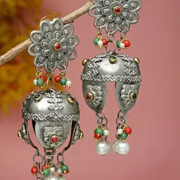 Moedbuille Silver Plated Stones & Pearls Studded Oxidised Jhumkas-25
