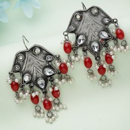 Moedbuille Silver-Plated Stones Studded & Pearls Beaded Contemporary Drop Earrings-21