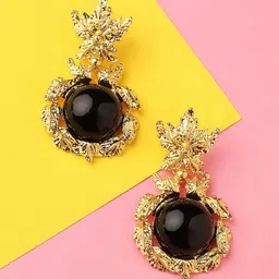 DressBerry Black Gold-Plated Stone Studded Floral Drop Earrings-image-56