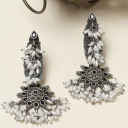 OOMPH Stone Studded & Beaded Oxidised Floral Drop Earrings-image-46