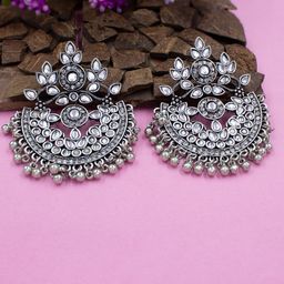 PRIVIU Silver-Plated Crescent Shaped Kundan Studded Drop Earrings-56