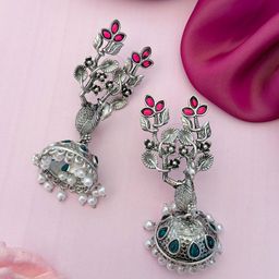 Sangria Silver-Plated Stone Studded Peacock Shaped Jhumkas-5