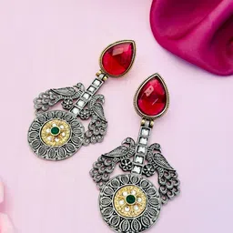 Sangria Silver-Plated Stone-Studded Classic Drop Earrings-image-61