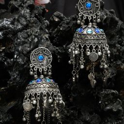Sangria Silver-Plated Oxidised Stone Studded Jhumkas-74