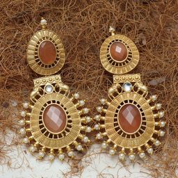 Ozanoo Gold-Plated Artificial Stones Studded And Beaded Contemporary Shaped Drop Earrings-9