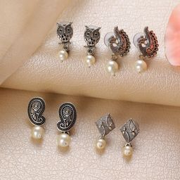 Jazz and Sizzle Set of 4 Silver Plated & White Floral Studs Earrings-42