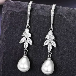 Peora Silver Plated Cubic Zirconia & Pearl Drop Earrings-45
