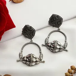VENI 92.5 Silver Plated Contemporary Oxidised Drop Earrings-30