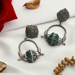 VENI 92.5 Silver-Plated Stones Studded Oxidised Contemporary Drop Earrings-44