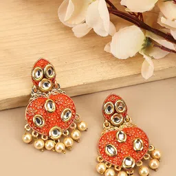 ANIKAS CREATION Gold Plated Contemporary Kundan Studded & Beaded Drop Earrings-12