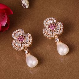 ZINU Rose Gold-Plated White & Pink Floral Drop Earrings-14