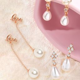Zaveri Pearls Rose Gold Plated & White Contemporary Drop Earrings-96