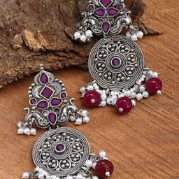 KARATCART Silver-Plated Kundan-Studded Contemporary Drop Earrings-18