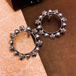 ATIBELLE Silver-Plated & Floral Shaped Circular Hoops Earrings-31