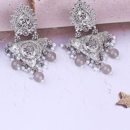 GRIIHAM Silver Plated Oxidised Zircon Studded & Beaded Drop Earrings-41
