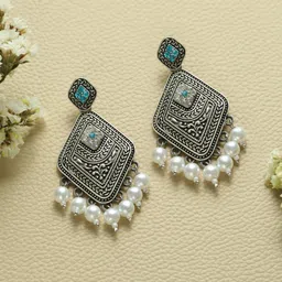 Priyaasi Silver-Toned & Blue Contemporary Oxidised Drop Earrings-2